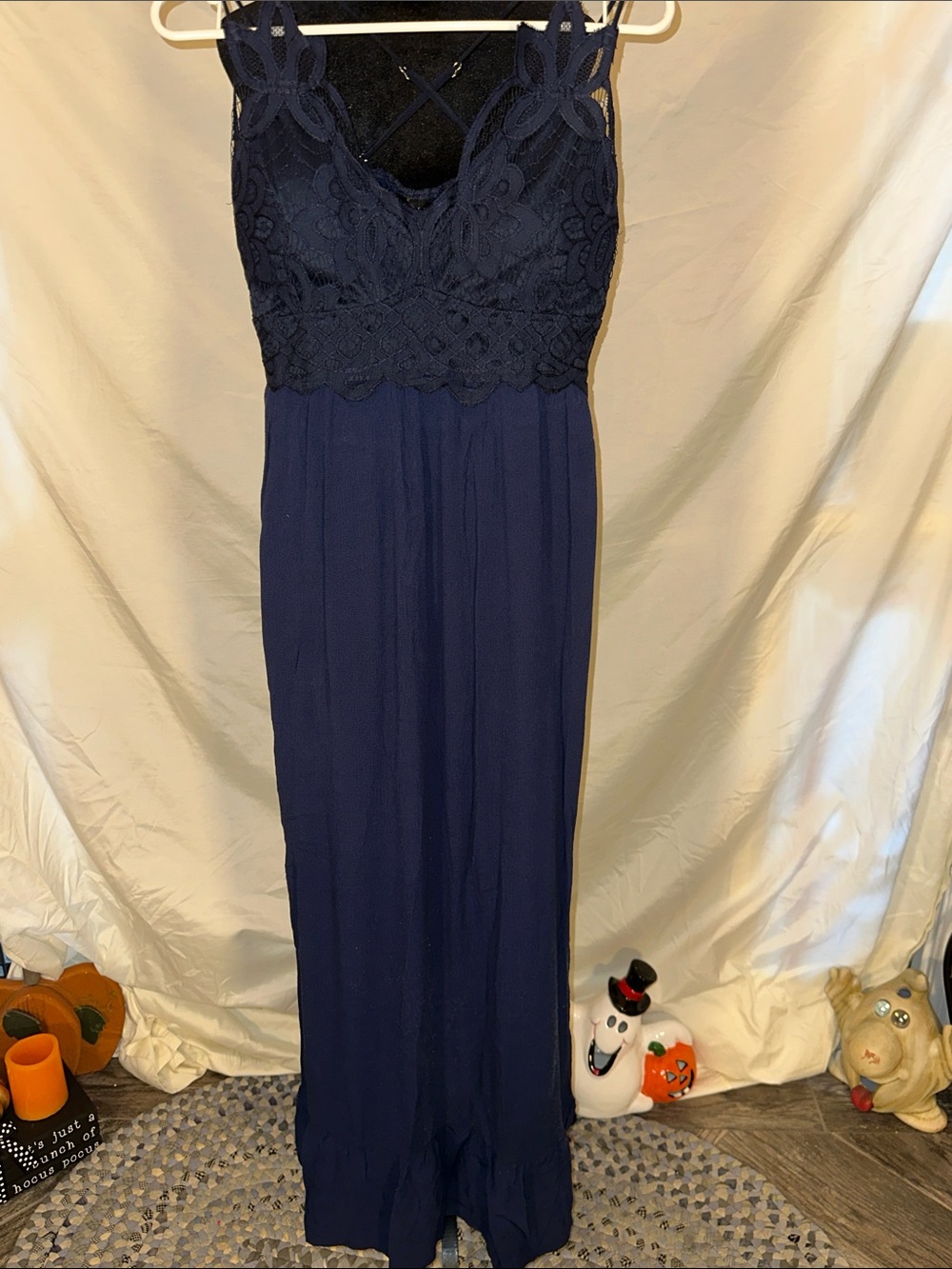 Lace Bodice Navy Maxi Dress with Spaghetti Straps